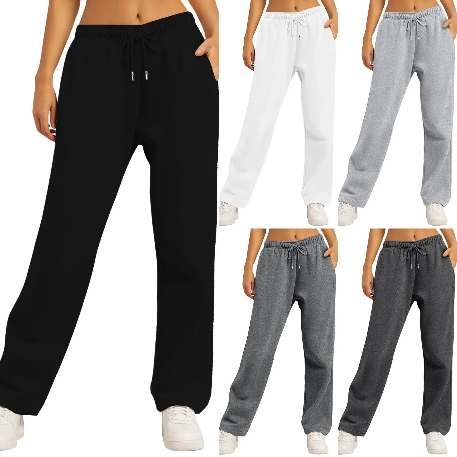 Women's Fleece-Lined Jogging Sweatpants with Pockets, Straight-Leg Trousers