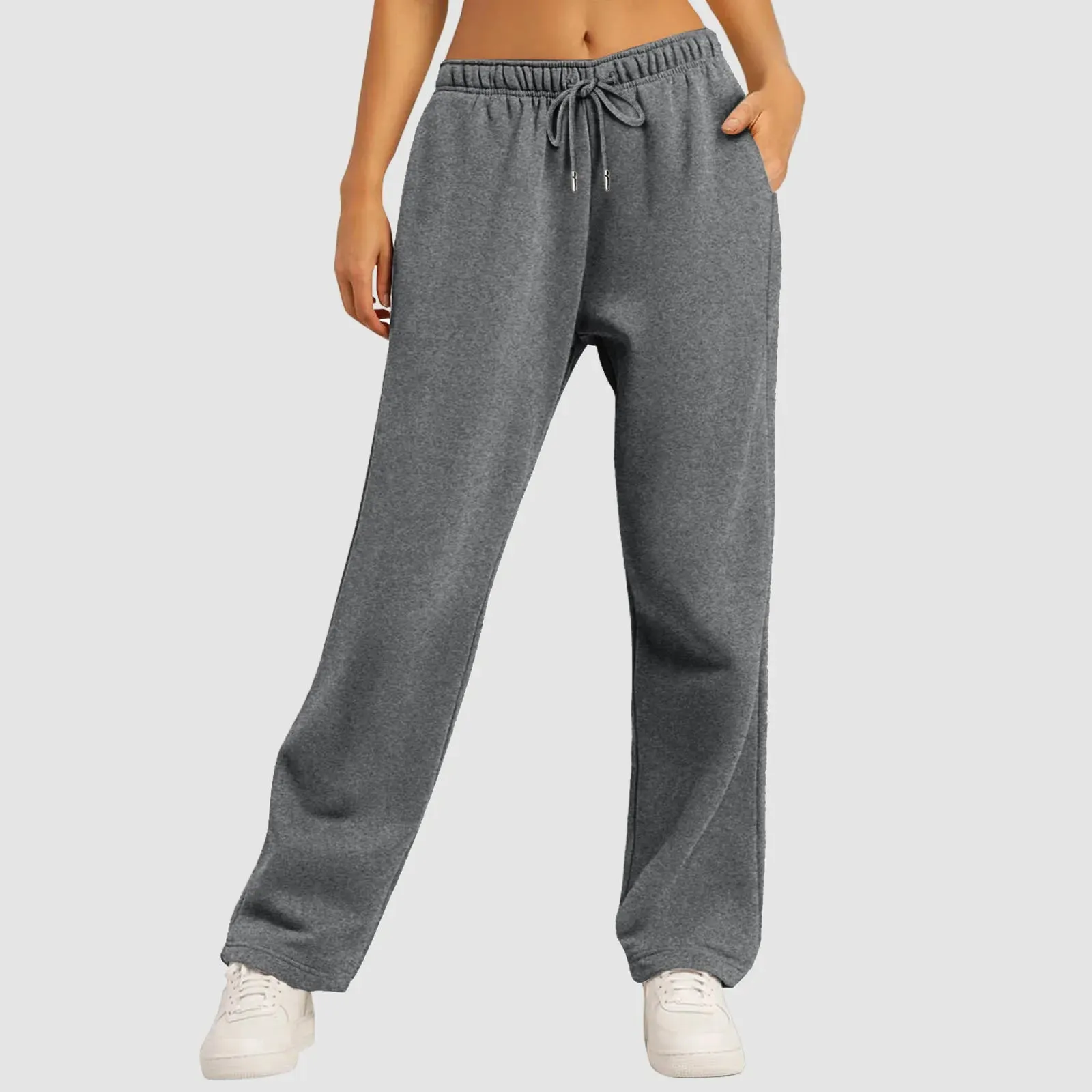 Women's Fleece-Lined Jogging Sweatpants with Pockets, Straight-Leg Trousers