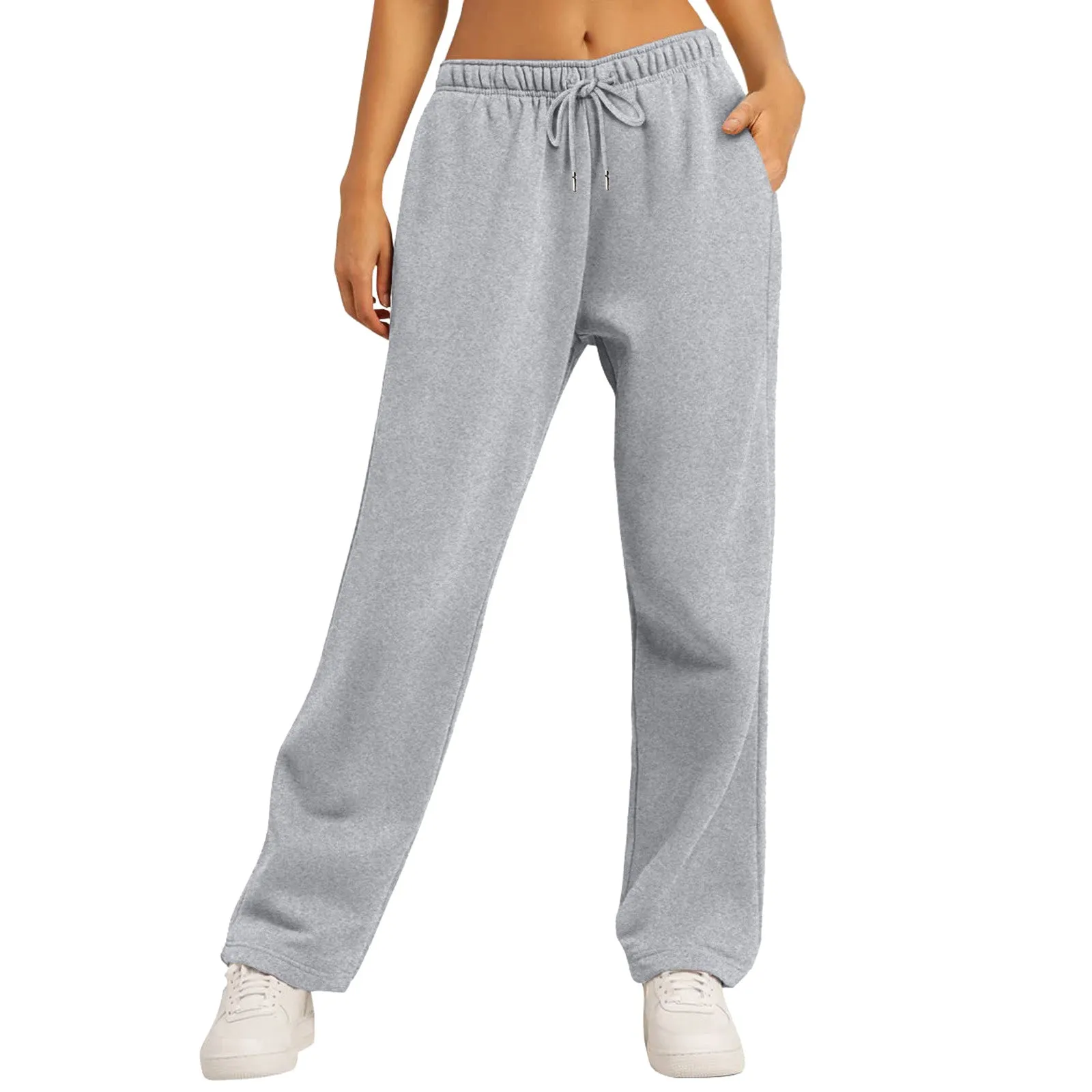 Women's Fleece-Lined Jogging Sweatpants with Pockets, Straight-Leg Trousers