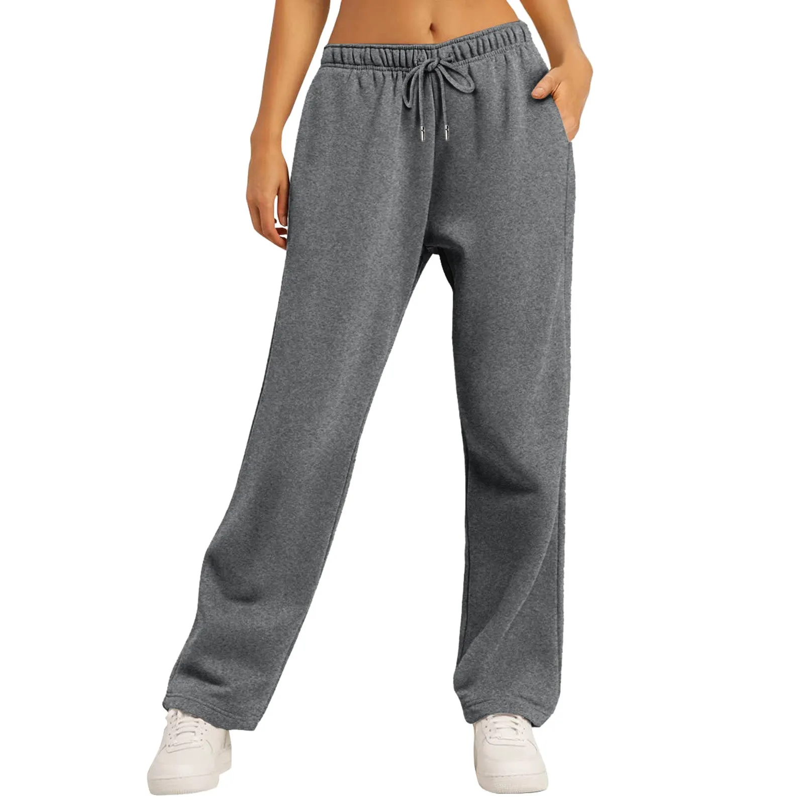 Women's Fleece-Lined Jogging Sweatpants with Pockets, Straight-Leg Trousers