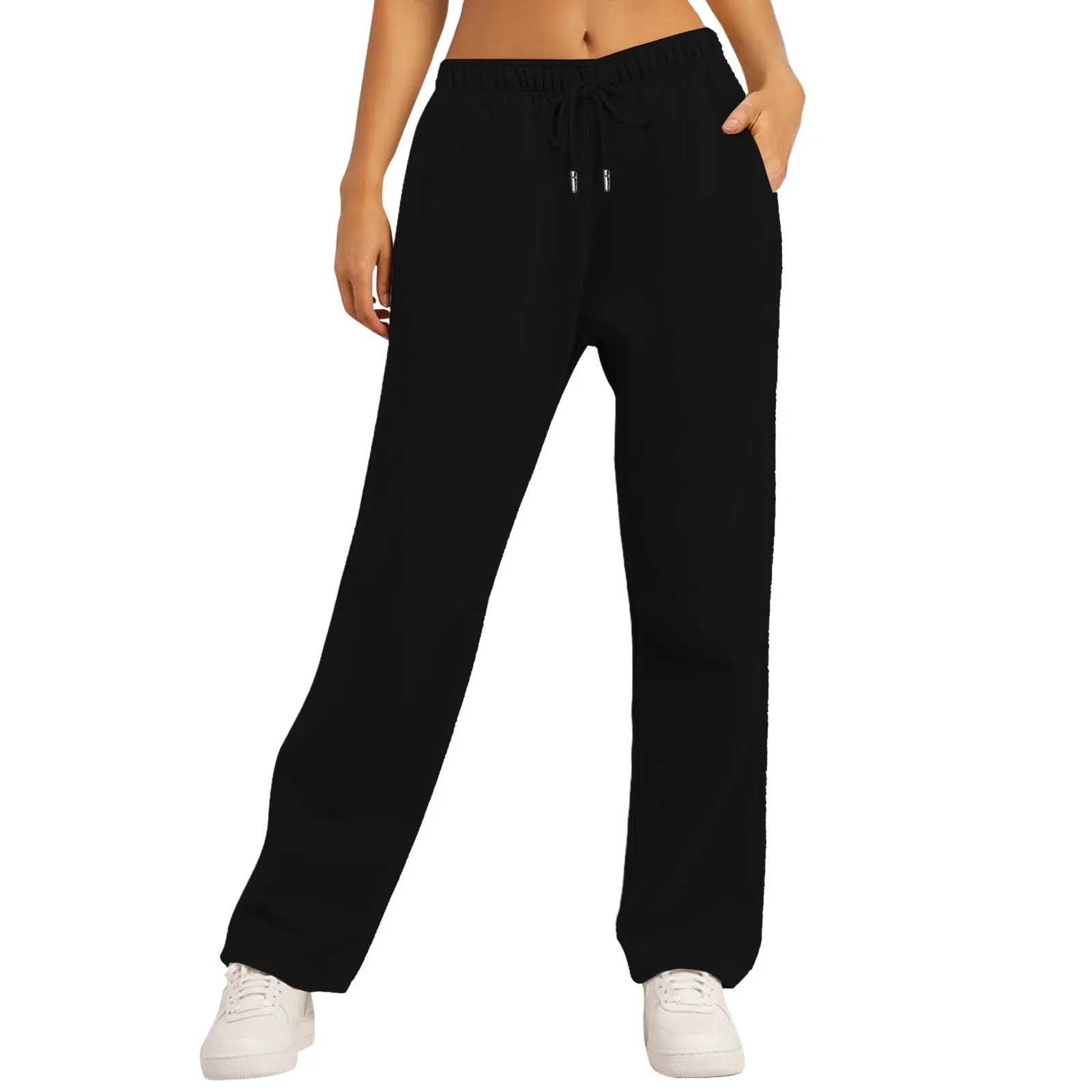 Women's Fleece-Lined Jogging Sweatpants with Pockets, Straight-Leg Trousers