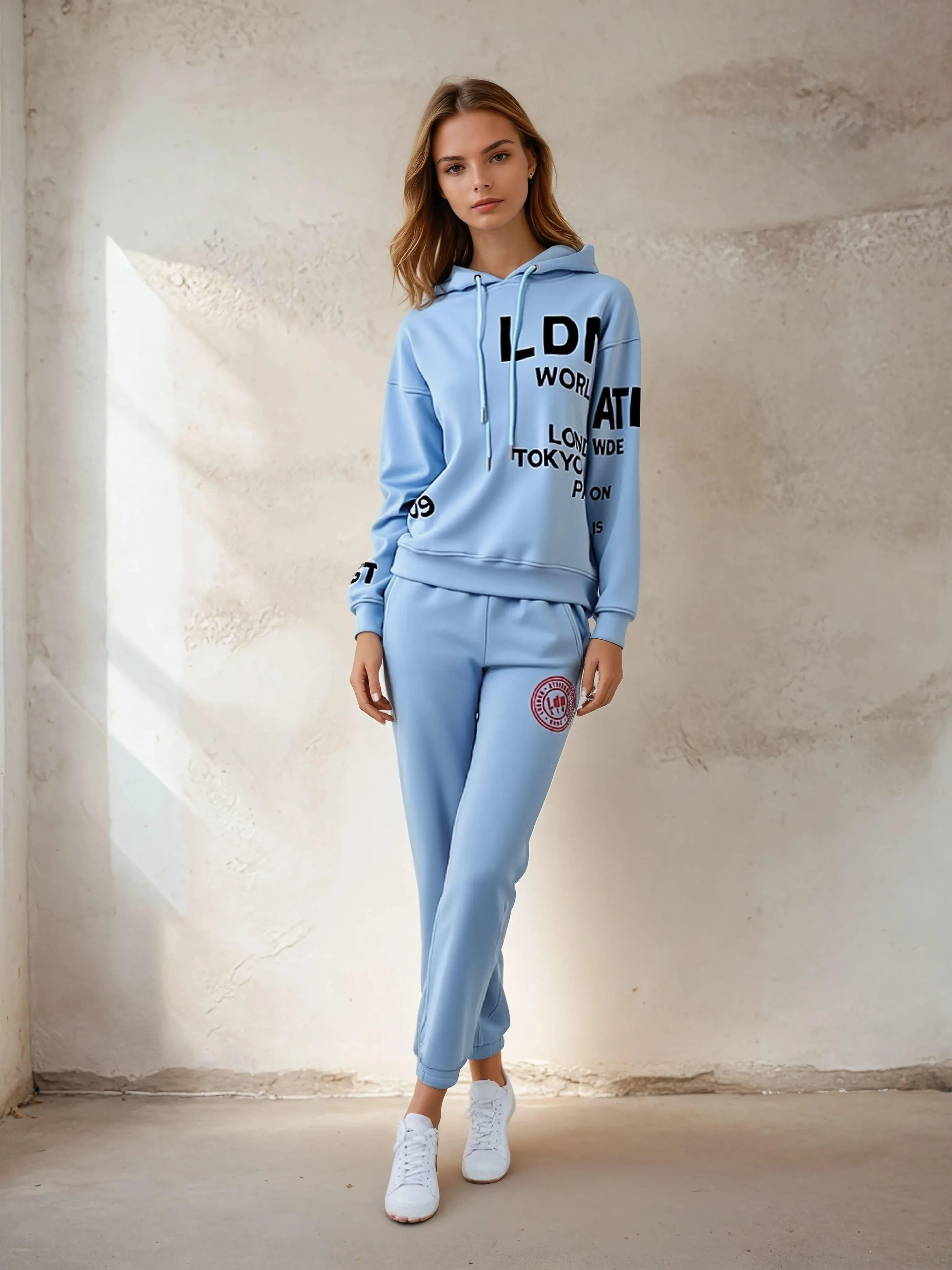 Women's High-Waist Joggers with Logo Print Sky Blue