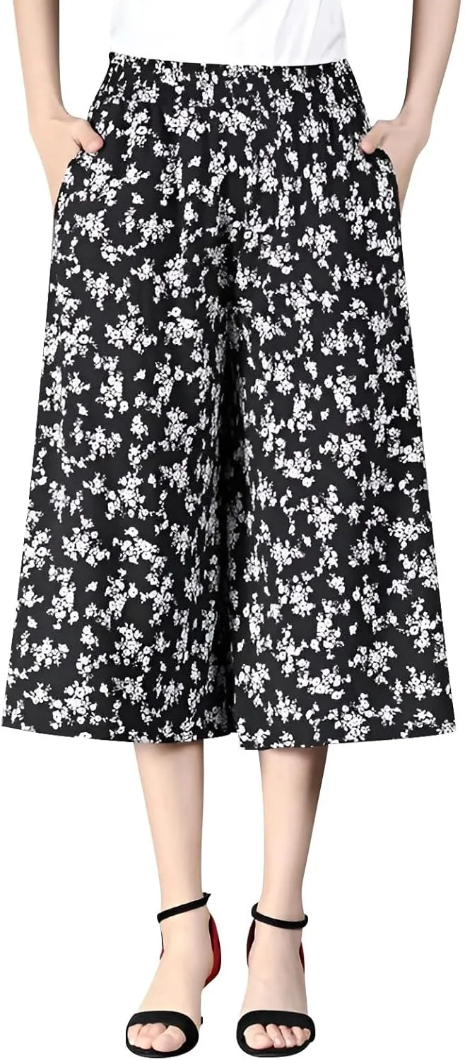 Womens Wide Leg Cropped Pants Plus Size Flowy Loose Fit Capri Pants Summer Floral Printed Elastic High Waisted Beach Trousers