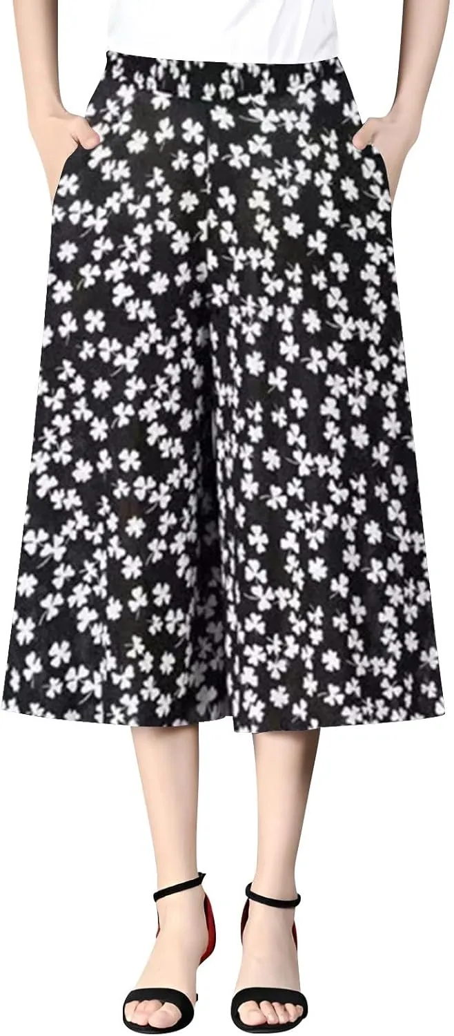 Womens Wide Leg Cropped Pants Plus Size Flowy Loose Fit Capri Pants Summer Floral Printed Elastic High Waisted Beach Trousers