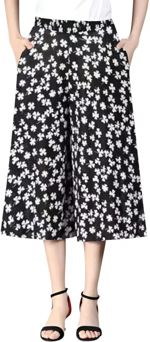 Womens Wide Leg Cropped Pants Plus Size Flowy Loose Fit Capri Pants Summer Floral Printed Elastic High Waisted Beach Trousers